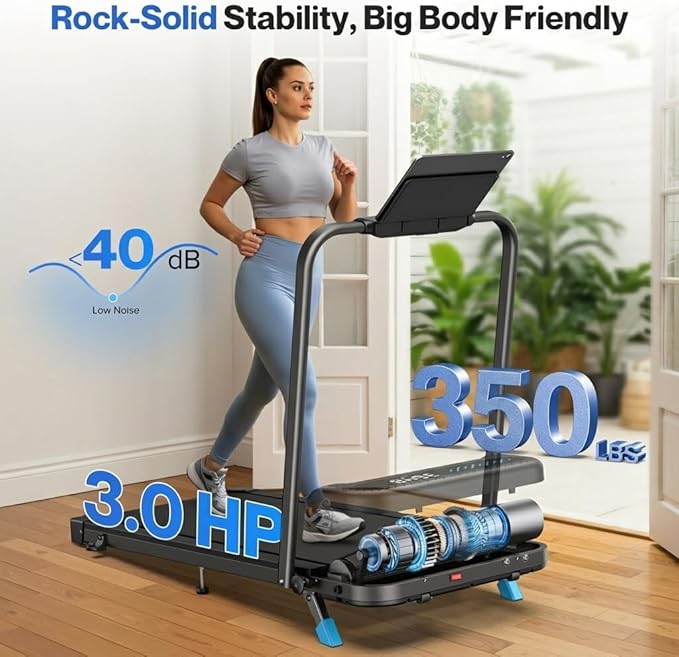 Foldable Treadmill with 10% Incline, 4 in 1 Compact Walking Pad Treadmill with Handle Bar for Home Small Spaces, 3.0HP Portable Quiet Under Desk Treadmills, 350 LBS Capacity, Smart APP, LED Display