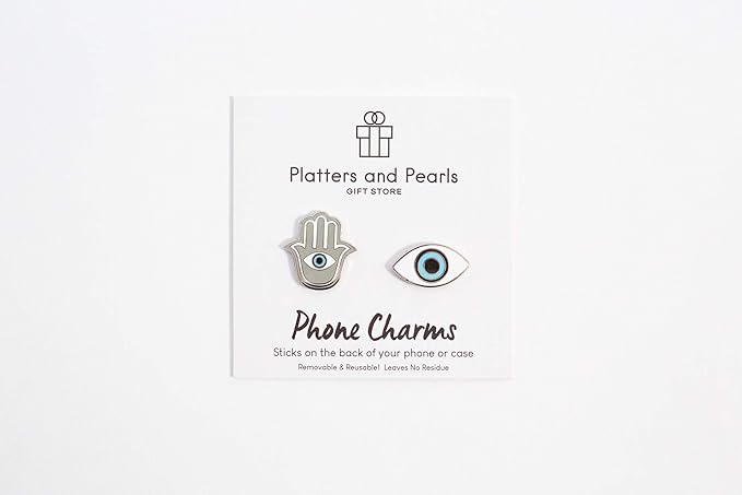 Metal Charm Stickers for Cell Phone Cases. Evil Eye and Hamsa Set of 2 Reusable & Removable Leaves No Residue. Universal Spiritual Symbols of Protection and Good Luck. (Evil Eye and Hamsa Hand.)