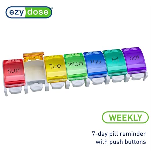 EZY DOSE Weekly (7-Day) Pill Case, Medicine Planner, Vitamin Organizer Box, Convenient and Easy to Use, Large Push-Button Compartments, Travel Friendly, Rainbow Lids, BPA Free