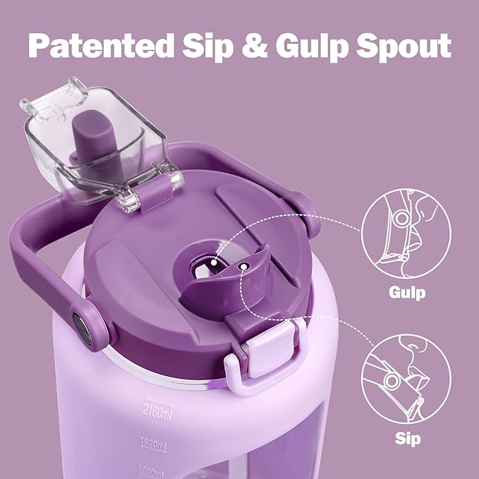 72oz Glass Water Bottle with 2-IN-1 Straw &Chug Lid, Large Motivational Glass Bottle with Capacity Marker and Silicone Sleeve, 2.1Liter Gallon Water Jug for Home, Sports, Gym, BPA Free-Light Purple