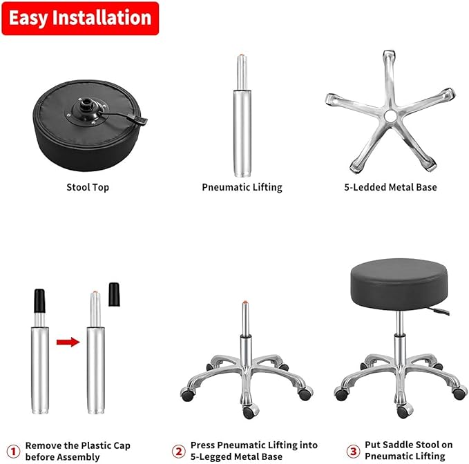 Swivel Rolling Stool Round Chair,Thick Sturdy Padding,Adjustable Stool with Wheels for Doctor,Medical,Massage Salon,Office,Shop(Black) (no Back, Black)