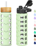 MUKOKO Glass Water Bottles,24oz Glass Tumbler with Straw,Drinking Bottles with 2 Lids-Handle Spout Lid&Bamboo Straw Lid,Motivational Water Bottle with Time Marker and Silicone Sleeve,1 Pack-Mustard
