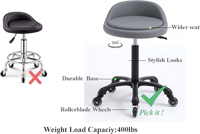 Rolling Salon Stool Chair with Back Support Hydaulic Height Adjustable on Swivel Wheels Heavy Duty for Hair Cutting Esthetician Tatto Beauty Spa Bar Lab Clinic Kitchen Office Home (Dark Gray)