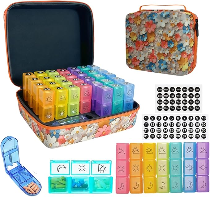 Monthly Pill Organizer, 31-Day Medicine Box with Hard Shell Case, 3 Times Daily Dosage Schedule, Plastic Rectangular Design, Includes Pill Cutter and Monthly Weekly Stickers (Flowers)