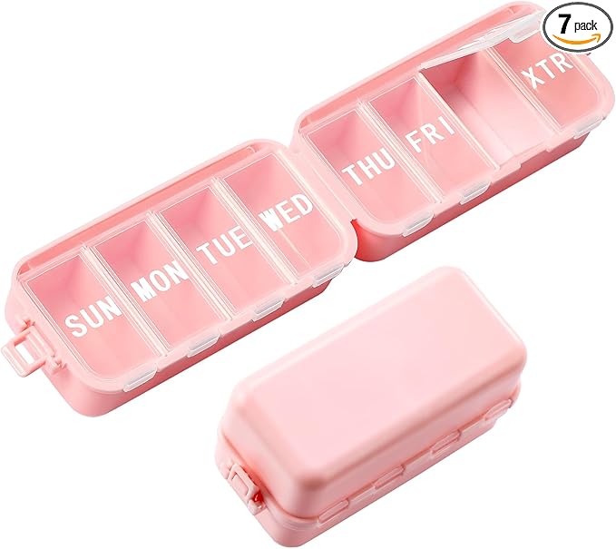 NEW Foldable Weekly Pill Organizer with Extra Grid, Cute & Portable 7 Day Pill Box 1 Time a Day, Week Daily Medicine Organizer - Large Travel Pill Case Holder Dispenser for Vitamin, Supplement - Pink