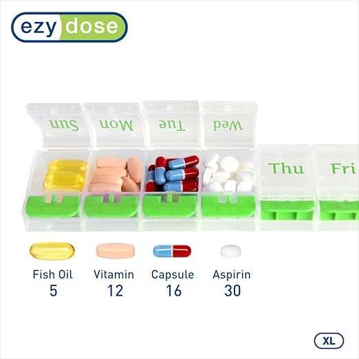 EZY DOSE Weekly (7-Day) AM/PM Daily Pill Organizer, Vitamin Case, and Medicine Container, X-Large Compartments, Arthritis Friendly, Convenient with Effortless Portability, Clear/Green Lids, BPA Free