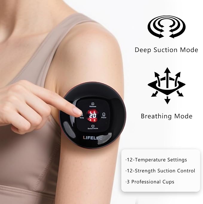 LIFELEC Smart Cupping Therapy Set - 6 Cups (Large/Press/Move), 12-Level Heat & Suction, Smart Red Light Therapy - Dual Massagers for Simultaneous Use - 2 Pack Set for Athletes, Fitness, Pain Relief