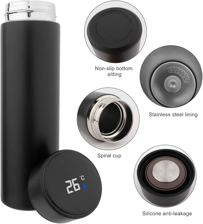 QiCheng&LYS Coffee Cup,Tea Infuser Bottle,Smart Sports Water Bottle with LED Temperature Display,17 OZ Vacuum-Insulated Stainless-Steel Water Bottle (Black)