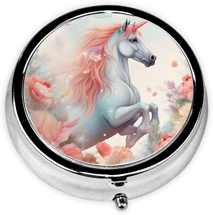 Watercolor Fantasy Unicorn Flower Pill Box 3 Compartment Pill Case, Portable Medicine Pill Organizer for Pocket Purse Pill Box Decorative Metal Medicine Vitamin Organizer