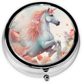 Watercolor Fantasy Unicorn Flower Pill Box 3 Compartment Pill Case, Portable Medicine Pill Organizer for Pocket Purse Pill Box Decorative Metal Medicine Vitamin Organizer