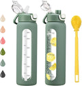 24 oz Glass Water Bottle with 2 Lids-Handle Spout Lid & Straw Lid, Motivational Water Bottle with Time Marker and Silicone Sleeve,Leakproof-Olive-1 Pack