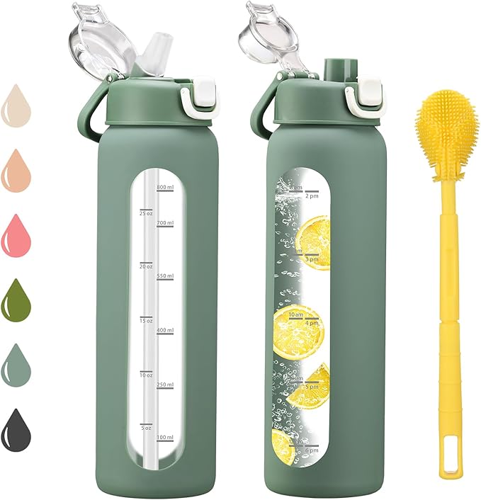 24 oz Glass Water Bottle with 2 Lids-Handle Spout Lid & Straw Lid, Motivational Water Bottle with Time Marker and Silicone Sleeve,Leakproof-Olive-1 Pack