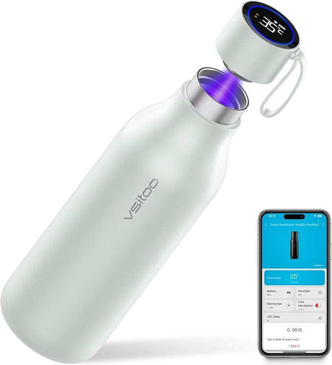 VSITOO 33oz Smart Self-Cleaning Water Bottle，Large Insulated Stainless Steel Bottle with AI Self-Clean, 30-Day Battery & Magnetic Charging for Outdoor Travel, Gym or Office, White