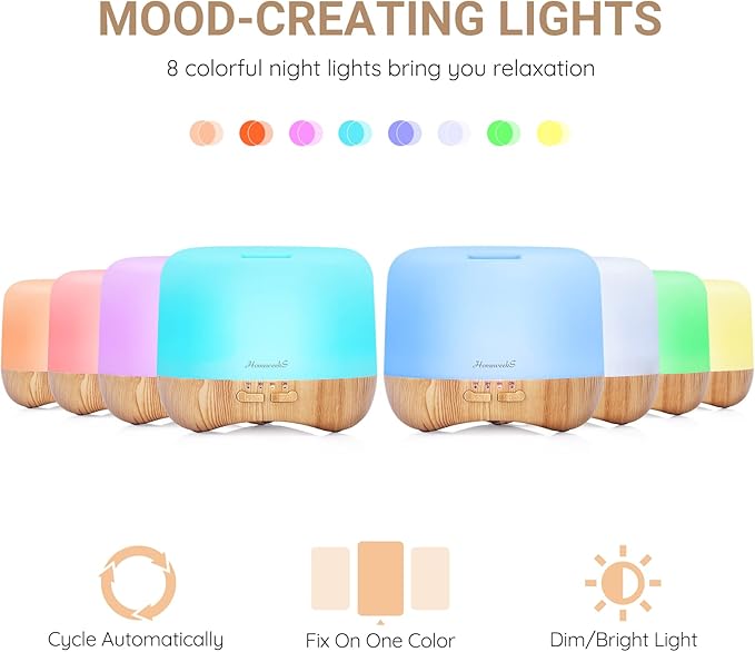 Aromatherapy Essential Oil Diffuser for Room: Colorful Aroma Air Humidifier with Adjustable Cool Mist Mode, Waterless Auto Off Ultrasonic Diffusers for Large Small Room Home Office 500ML
