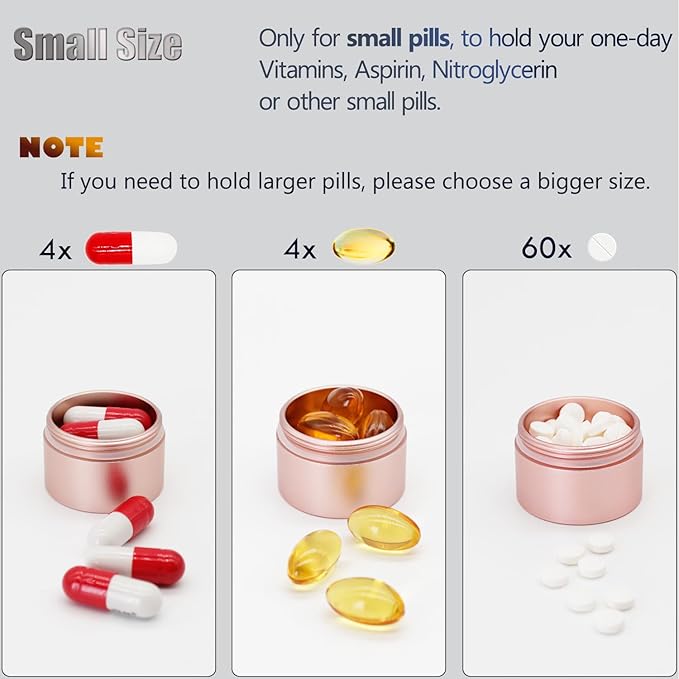 Portable Daily Pill Case, Heavy Duty Aluminium Alloy Round Pill Box, Waterproof Travel Pill Organizer, Pocket Purse Medicine Vitamin Holder EDC Container for Outdoor Camping Working