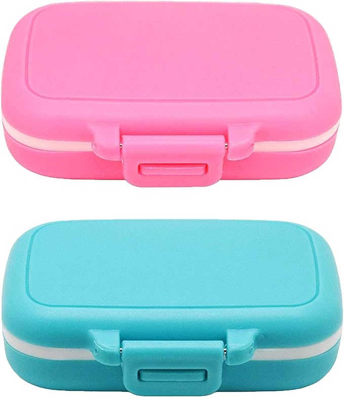 Small Pill Box Supplement Case for Pocket or Purse - 3 Removable Compartments Travel Medication Carry Case - Daily Vitamin Organizer Box (Pink+Blue)