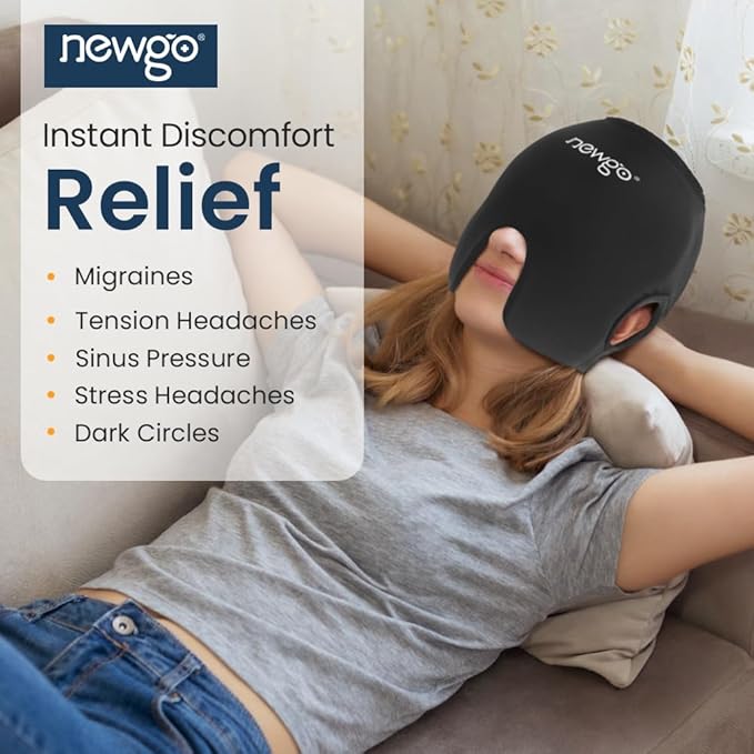 NEWGO Migraine Headache Relief Cap, Soft Head Ice Pack Wrap Migraine Gel Ice Cap with Full Coverage and Ear Outcuts for Tension Headaches