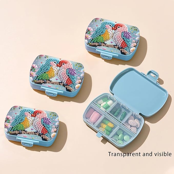 C'eitura DIY 2 Parrots Diamond Art Painting Blue Pill Organizer with 6 Lid Detachable Compartments, Fun DIY Craft Project for Adults, Elegant Pill Case for Purse & Travel