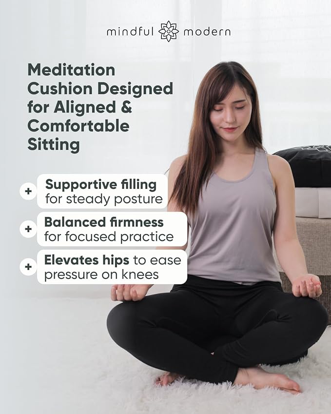 Mindful & Modern Large Meditation Cushion | Zafu Yoga Bolster Meditation Floor Pillow Seat | Buckwheat Hull Filled Crescent Shaped Cushion with Removable Washable Cover + Carry Handle (Minimal Black)
