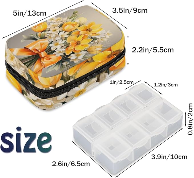 Yellow White Spring Flowers Travel Pill Organizer Box Weekly Portable Pill Case Daily Pills 7 Day Small Birth Control Pills Container Removable Compartments for Medicine Vitamins Fish Oil