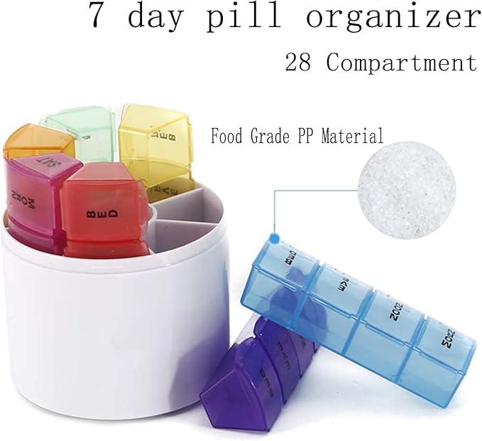 Weekly Pill Organizer 7 Day 4 Times a Day, Medicine Box Round Storage Holder with Lid Supplements Fish Oil Calcium Vitamin Container Portable Travel Pill Case
