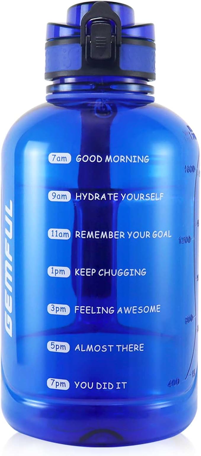 GEMFUL 2L Leak Proof Water Bottle with Handle 64oz Large Gym Jug Time Marker No Straw BPA Free Motivational for Men & Women (Royal Blue)