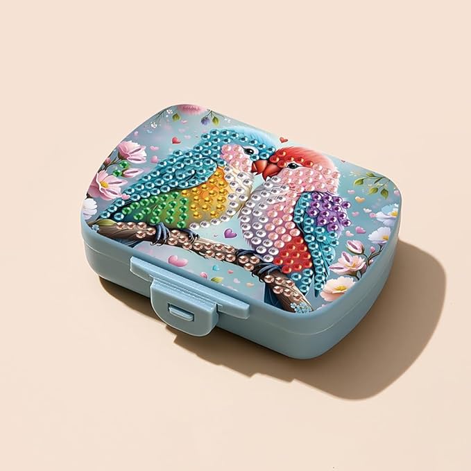 C'eitura DIY 2 Parrots Diamond Art Painting Blue Pill Organizer with 6 Lid Detachable Compartments, Fun DIY Craft Project for Adults, Elegant Pill Case for Purse & Travel