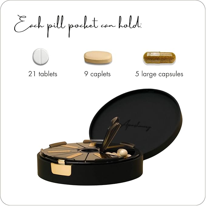 7 Compartments Pill Case, Pill Box, Daily Pill Organizer, Travel Pill Organizer, Medication Organizer, Customizable Pill Dispenser with Label Stickers (Black)