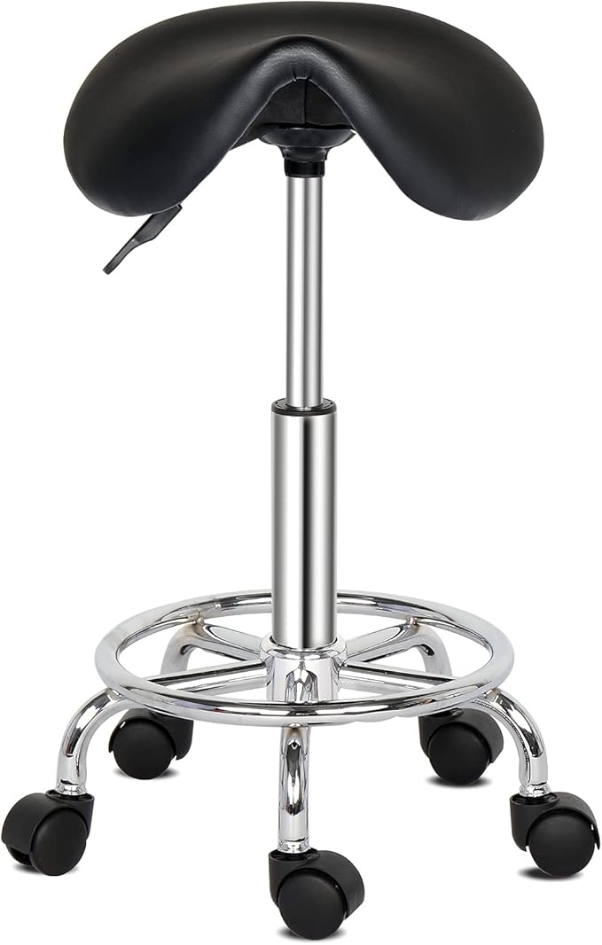 Round Rolling Bar Stool PU Leather with Wheels and Foot Rest, Height Adjustable Task Work Chair for Salon Spa Office Chairs