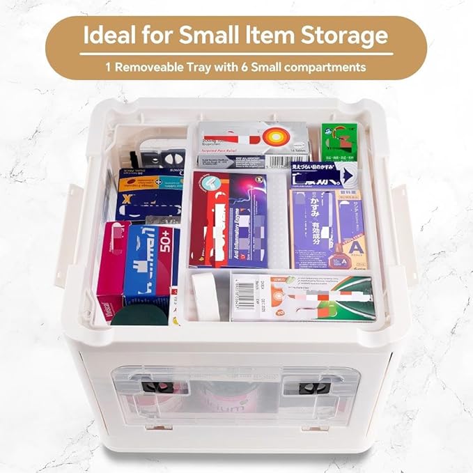22qt Medicine Organizer Storage Box with 4-Side Opening Doors, 2 Tier Foldable Medication Organizer Empty, White Medicine Container Case Stackable First Aid Box for Home Medical Supply Storage