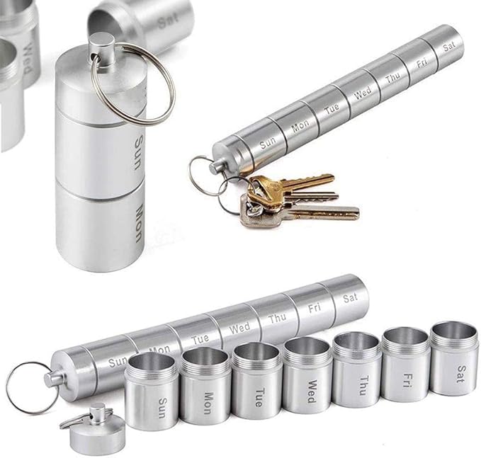 Metal Pill Box 7 Day,Aluminum Alloy Organizer Pill Case,Travel Pill Box Small Container,Waterproof Emergency Medicine Case,7 Stackable Compartments of Mini Pill Box for Outdoor,Adventure,Camping