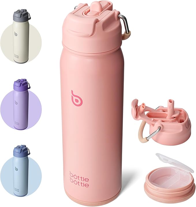 BOTTLE BOTTLE 24oz Insulated Water Bottle Stainless Steel Sport Water Bottle with Straw and Adjustable Lid Daily Pill Organizer
