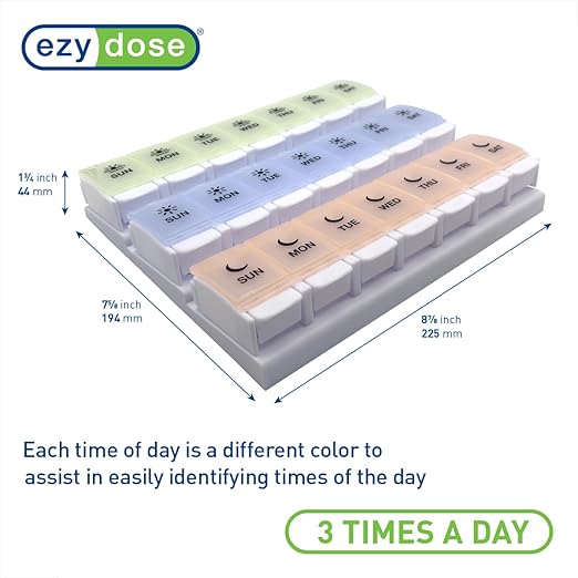 EZY DOSE Weekly (7-Day) Pill Case, Daily Medicine Planner, Vitamin Organizer Container, Large Push Button Compartments, Easy to Use, 3 Times a Day, Spring Open Design, Pastel Rainbow Lids, BPA Free