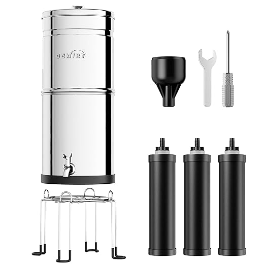Gravity Water Filter System, 3.25G Stainless Steel Countertop System Water Purifier with Stand, Reduce 99% Chlorine for Home Camping Backpacking RVing, 3 Carbon Filters