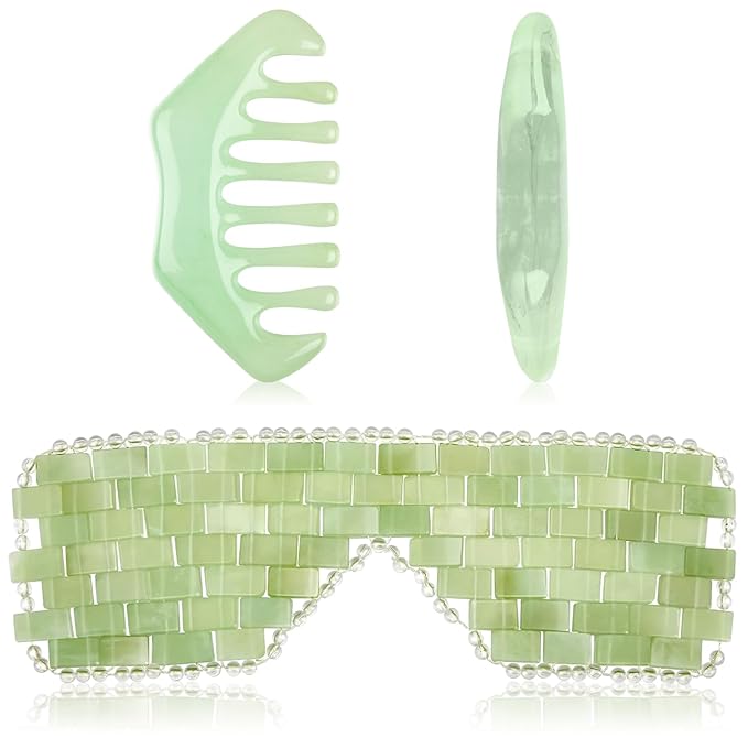 Hercicy 2 Pcs Jade Eye Mask and Hair Comb Set Green Jade Stone Eye Mask White Facial Cooling Set Guasha Scalp Comb Facial Massage Tool for Relax Alleviate Puffiness Esthetician Supply (Classic Color)