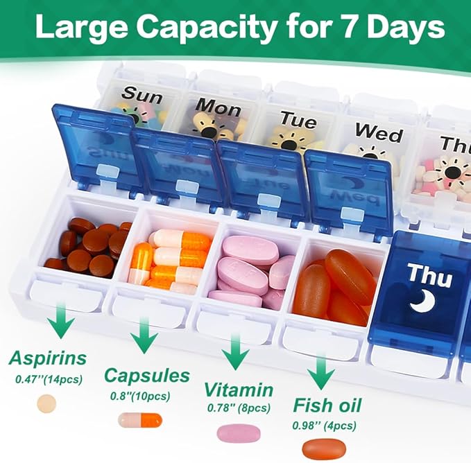 Shintop Weekly Pill Organizer 2 Times a Day, Easy Fill Am Pm Pill Box 7 Day Push Button Medicine Holder Daily for Vitamins Supplements(Blue & White)