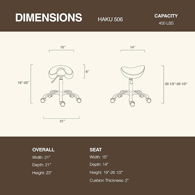 Ergonomic Saddle Stool, Adjustable Pneumatic Swivel Rolling Saddle Seat with Wheels for Hygienic, SPA, Salon, Home and Office, Haku 506 Series