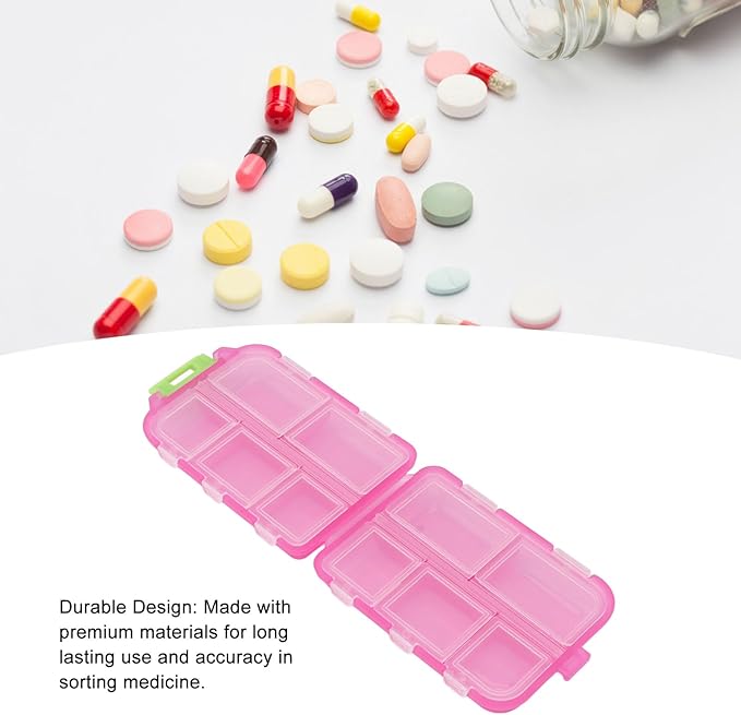 Travel Pill Organizer, Plastic 10 Compartments Pill Case Portable Pill Box Buckle Lock Weekly Portable Pill Holder Container for Purse (Rose Red)