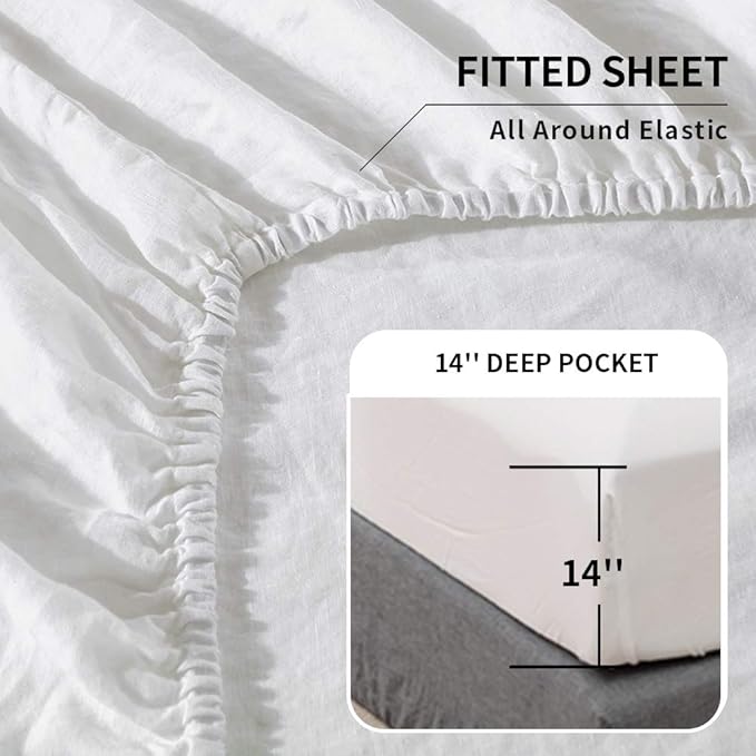 Simple&Opulence Belgian Linen Sheet Set Solid Color - 4 Pieces (1 Flat Sheet, 1 Fitted Sheet & 2 Pillowcases) Natural Flax Cotton Blend Soft Breathable Farmhouse Bedding - Full Size, White