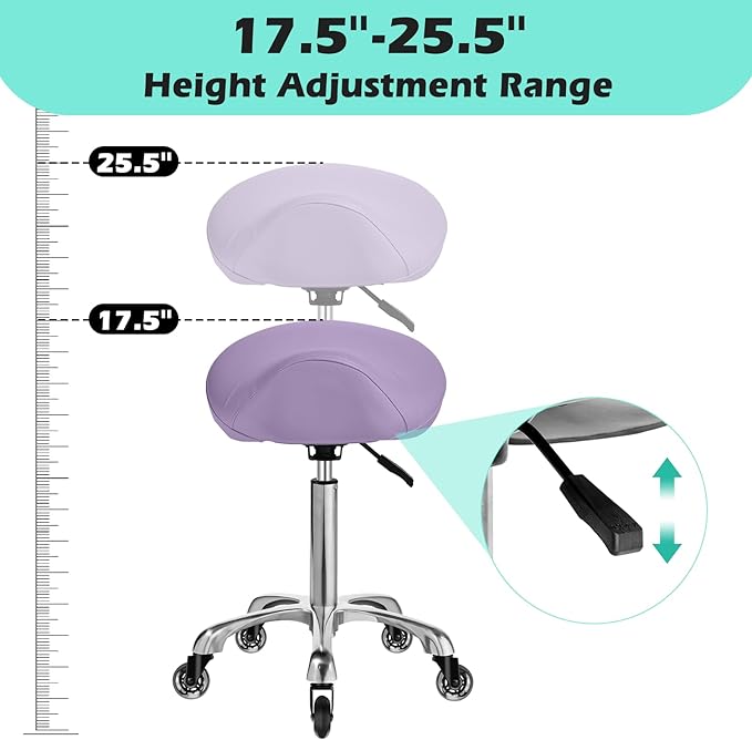 Saddle Stool with wheels Ergonomic - Heavy Duty 400lbs, Upgraded Thick Saddle Cushion, Healthy Posture Correction, Swivel Adjustable Rolling Saddle Stool, Saddle Chair for Salon Massage Home (Purple)