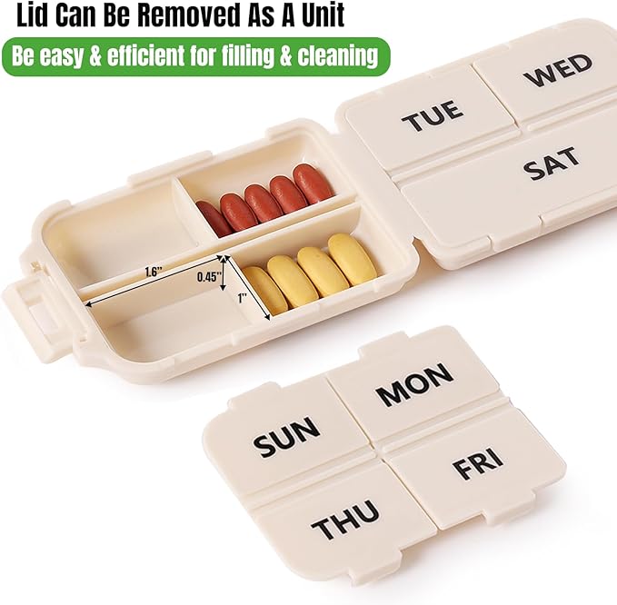 7 Day Compact Pill Organizer, Foldable Portable Travel Pill Box with Double Protection, Daily Small Pill Case Dispenser for Medication, Vitamins, Supplements (Khaki)