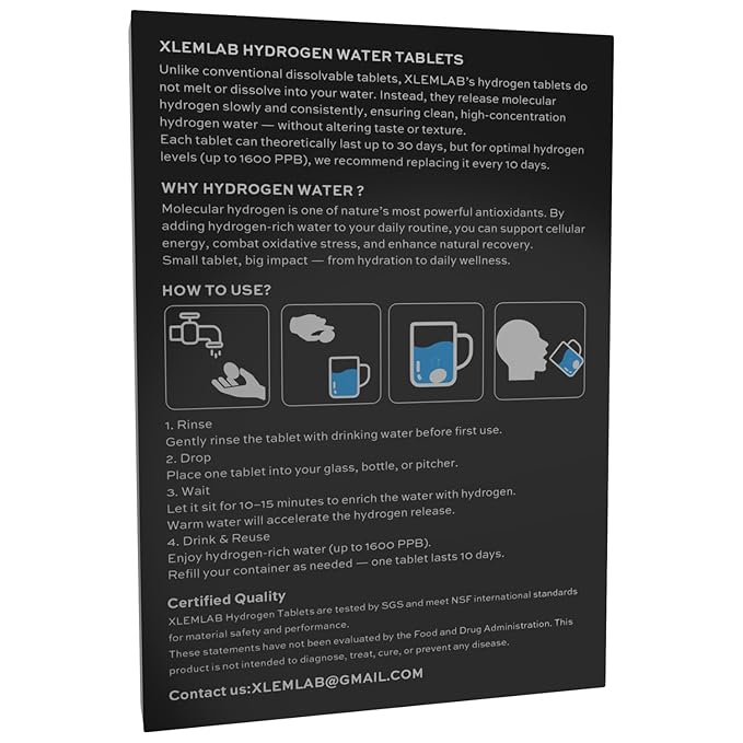 XLEMLAB Hydrogen Water Tablets,Molecular Hydrogen Tablets for Drinking Water,1600PPB H2 Rich for Post-Workout Recovery Antioxidant Anti-Aging, 6 Packs, 60 Days Supply