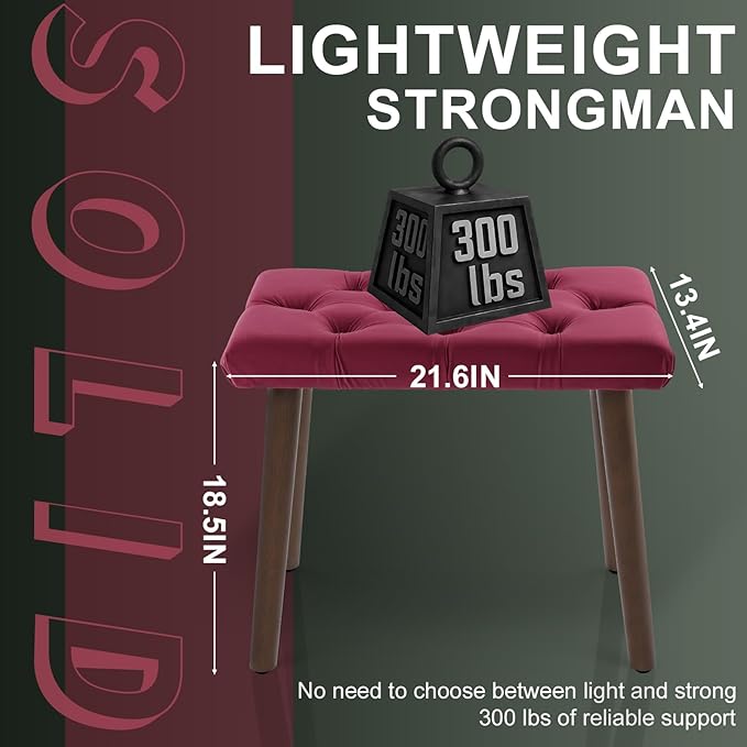 AKLOT Velvet Upholstered Piano Bench: Rubberwood Legs with 300-Pound Load Capacity, Ergonomically Set Seat Height, Easy Assembly, Purpose Keyboard Stool for Vanity, Bedroom and Living Room (Wine Red)