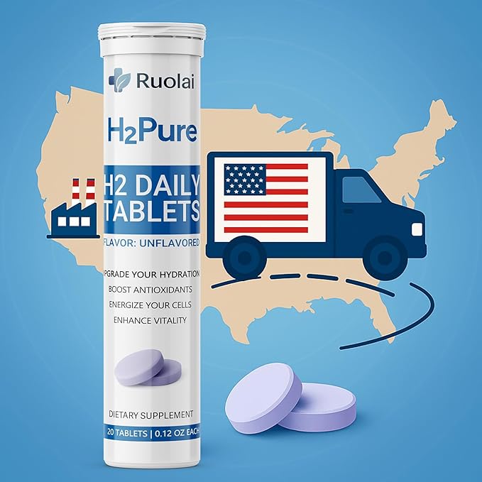 Ruolai H2pure Hydrogen Tablets – H2 Tabs – Fast-Dissolving Hydrogen Supplement for Cellular Hydration, Detox, Liver & Mental Clarity – Caffeine-Free, Vegan (Unflavored)