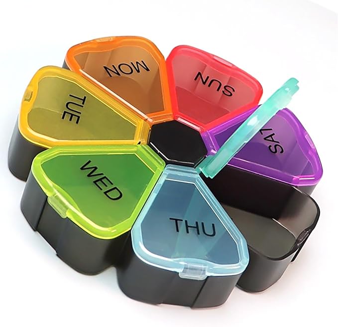 7 Day Pill Case for Medication, Vitamins, Fish Oils, Supplements, Travel Pill Box (Black Rainbow)