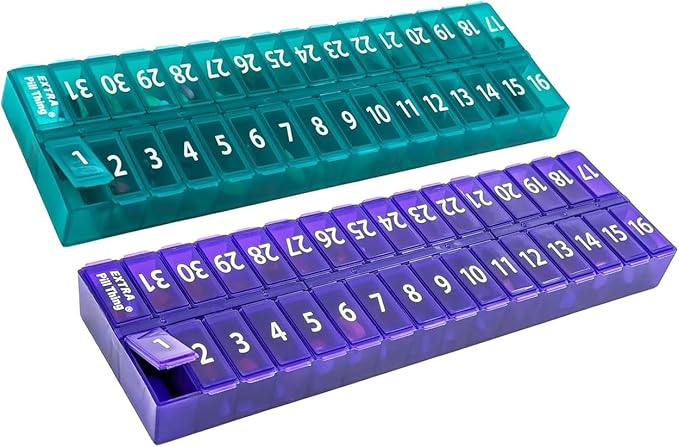 AM/PM 31 Day Once-a Day Monthly Pill Planner Organizers - Large Compartment Pill Boxes Store Medications for Entire Month Plus Compartment for Extra Pills (AM/PM) (Teal & Purple)