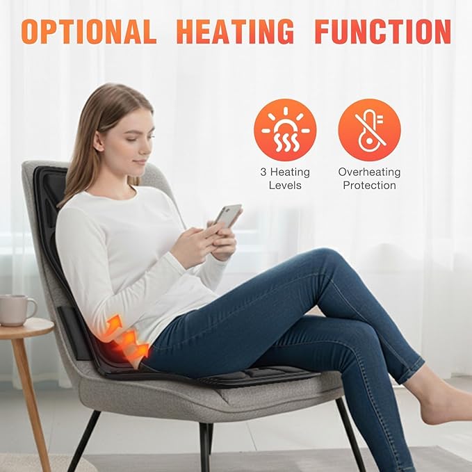 Massage Chair Pad,Back Massager with Heat, Vibration Massage Seat Cushion, 20-30-60 Minutes Auto-Timer,Adjustable Lumbar Support,Chair Massager for Office,Recliner,Gifts for Men,Women