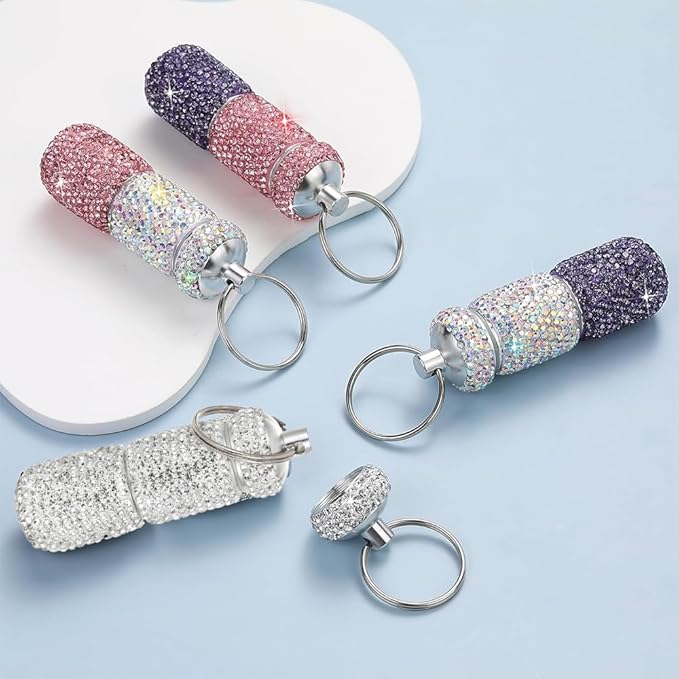 Bling Pill Case Portable Travel Pill Container Bottle Rhinestone Waterproof Small Pill Holder with Keychain Cute Mini Pill Storage Box (White)