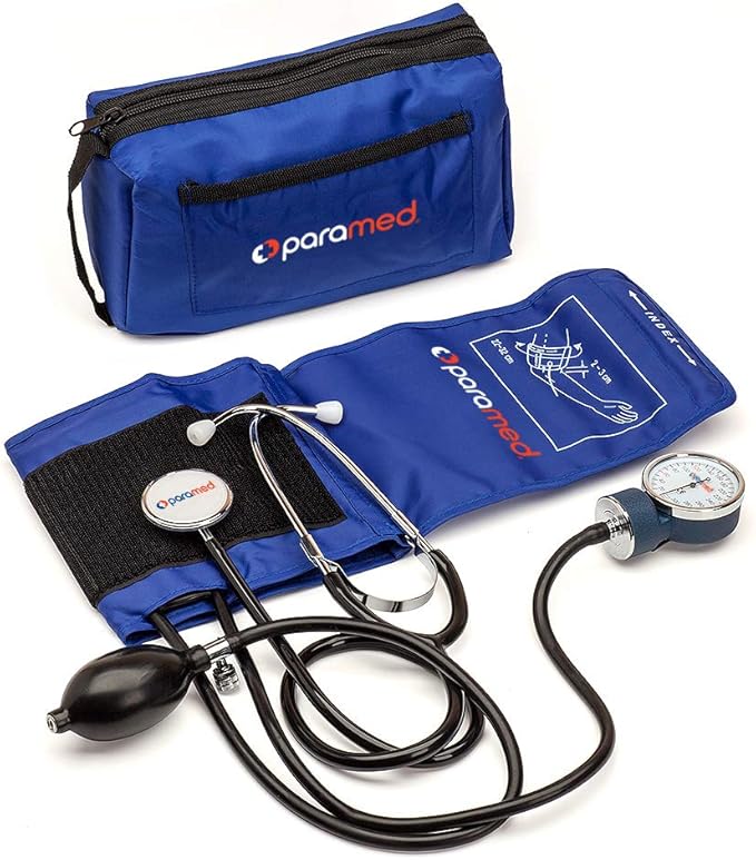 PARAMED Aneroid Sphygmomanometer with Stethoscope – Manual Blood Pressure Cuff with Universal Cuff 8.7-16.5" and D-Ring – Carrying Case in The kit – Blue
