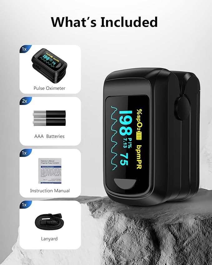 Fingertip Pulse Oximeter HealthTree Blood Oxygen Monitor Pulse Ox, Heart Rate monitor and Spo2 Reading Oxygen Meter Included Lanyard and AAA Batteries